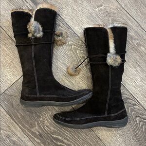 A Giannetti Italy Leather Suede Fur Brown Boots Pom Pom Penny Lane Style Size 8